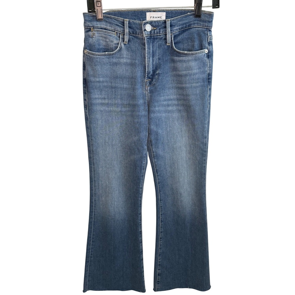 FRAME Le Easy Flare Jeans Drizzle Blue Raw Hem High Rise Stretch Denim Size 27
